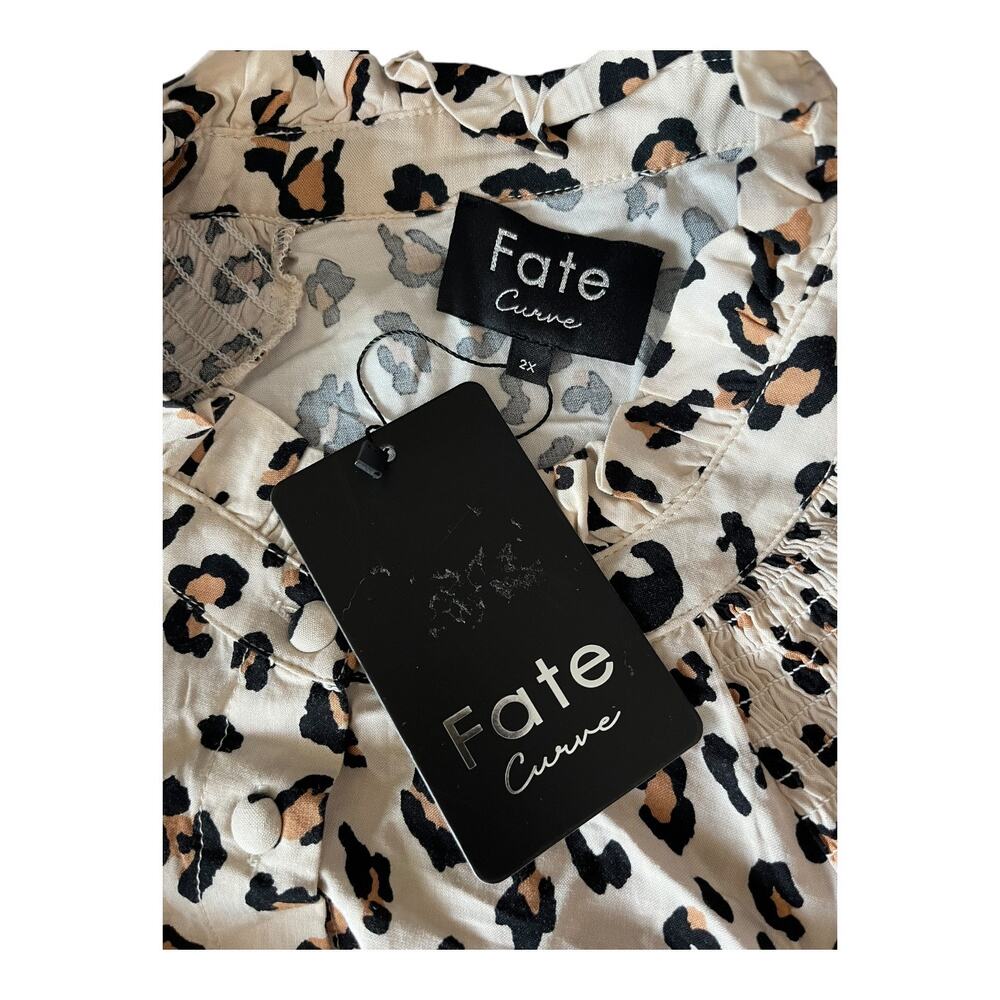 Fate Curve cream leopard print long sleeve ruffle blouse button up 2x NWT - Picture 5 of 8